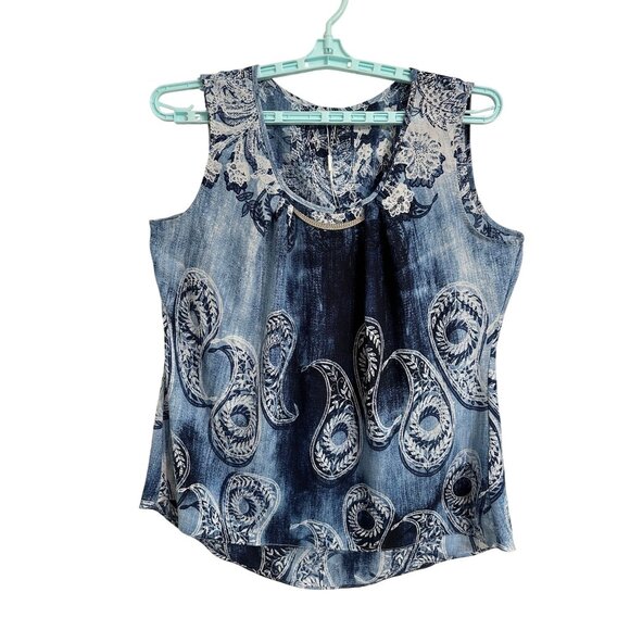 Milano Tops - Milano Blue Paisley Tank Top  XL Embellished Neckline Boho Career Capsule